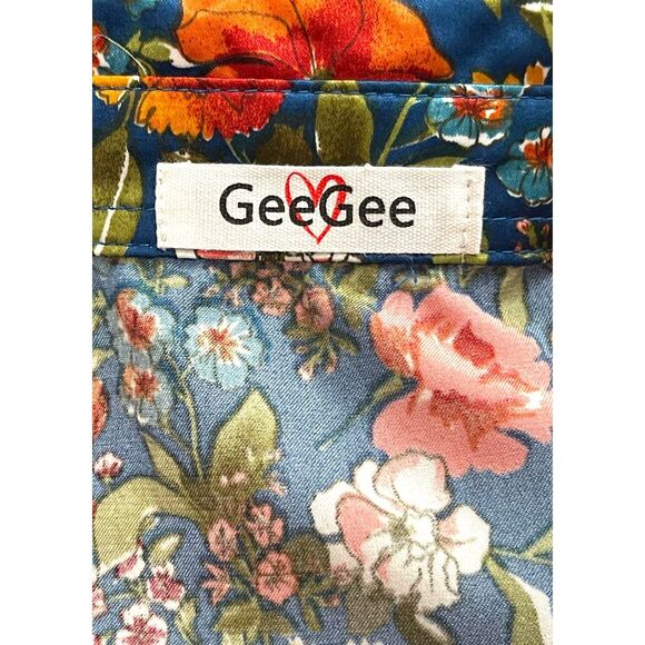 GeeGee "Found You" Blue Floral Satan Bubble Sleeve Blouse, Size 1X - Picture 7 of 8